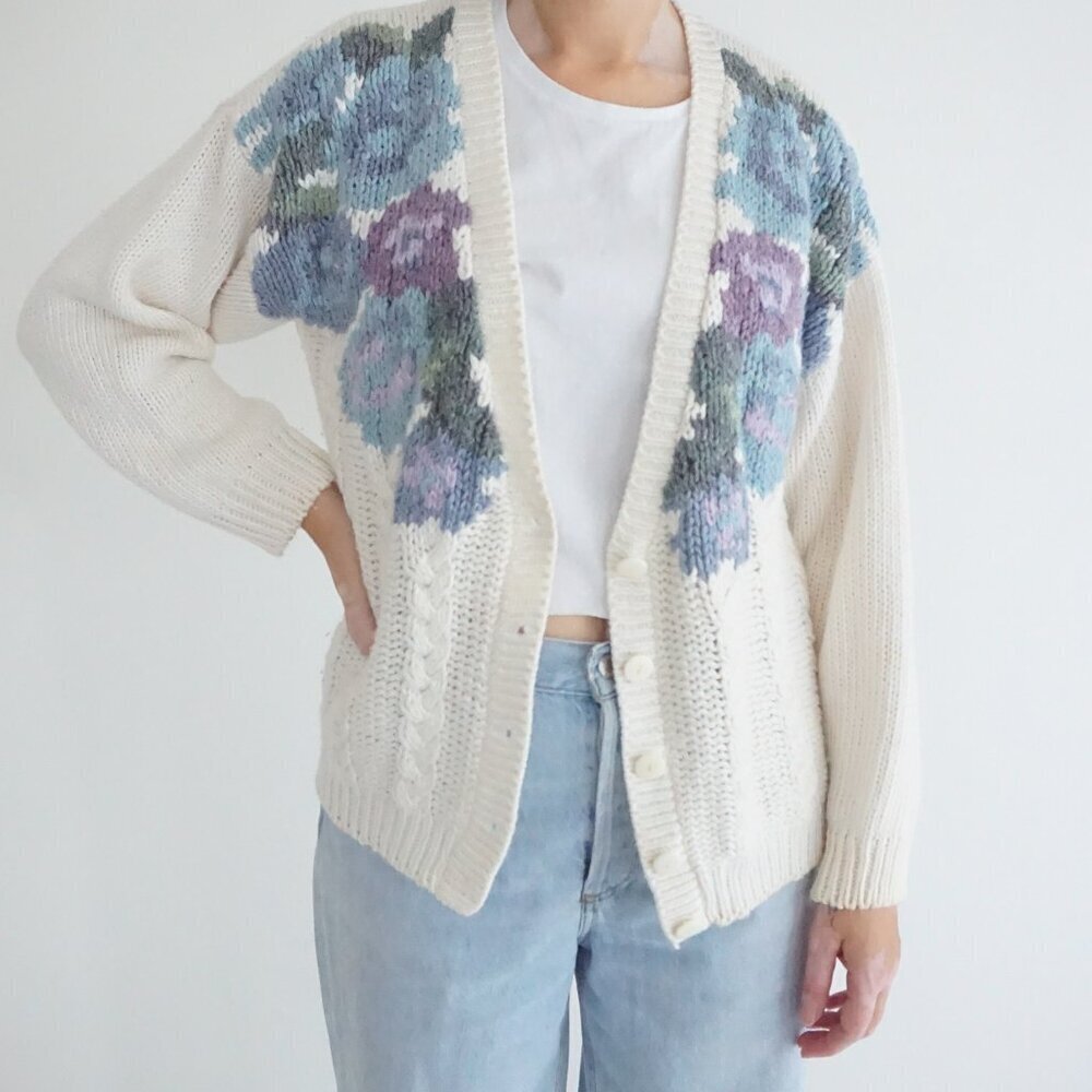 Vintage Huntington Ridge Ivory Floral Hand Knit Flowers Cardigan Sweater M